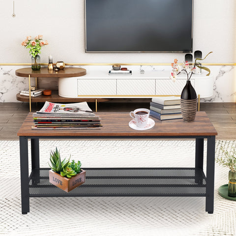 Metal Frame Wood Coffee Table Console Table with Storage Shelf-Brown