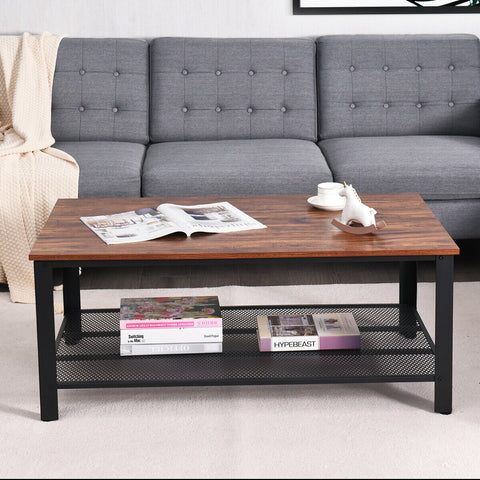 Metal Frame Wood Coffee Table Console Table with Storage Shelf-Brown