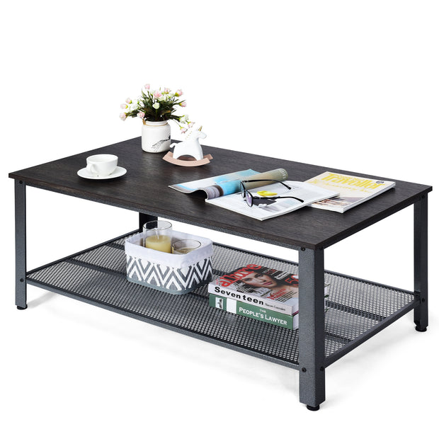 Metal Frame Wood Coffee Table Console Table with Storage Shelf-Black