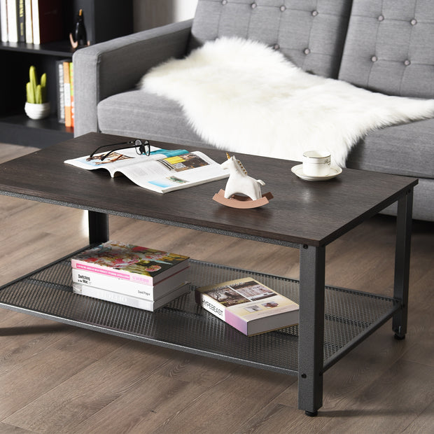 Metal Frame Wood Coffee Table Console Table with Storage Shelf-Black