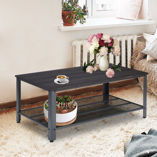 Metal Frame Wood Coffee Table Console Table with Storage Shelf-Black