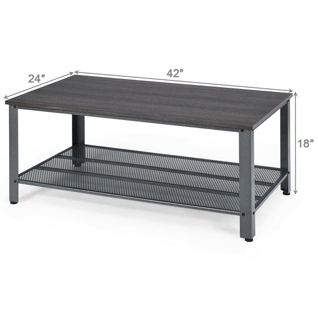 Metal Frame Wood Coffee Table Console Table with Storage Shelf-Black