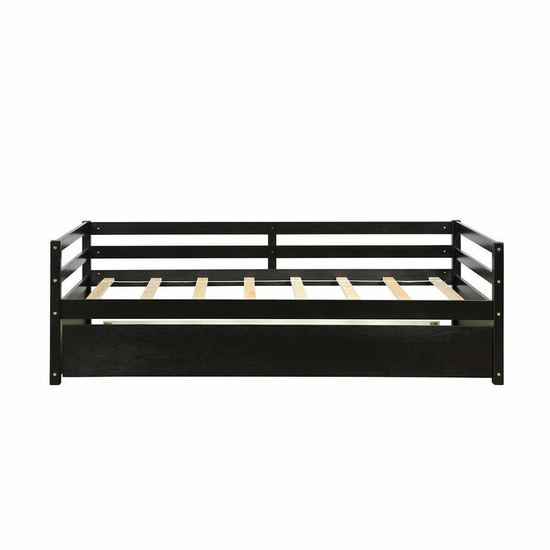 Twin Size Trundle Platform Bed Frame with  Wooden Slat Support-Dark Brown