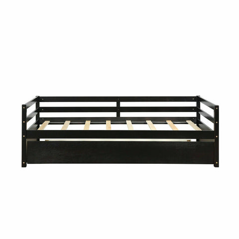 Twin Size Trundle Platform Bed Frame with  Wooden Slat Support-Dark Brown