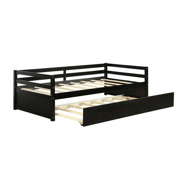 Twin Size Trundle Platform Bed Frame with  Wooden Slat Support-Dark Brown