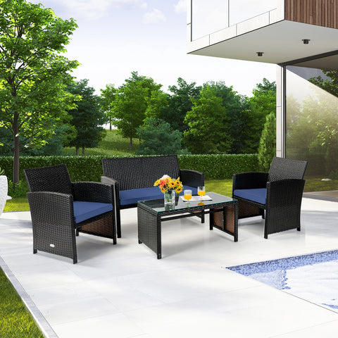 4Pcs Patio Rattan Cushioned Furniture Set-Navy