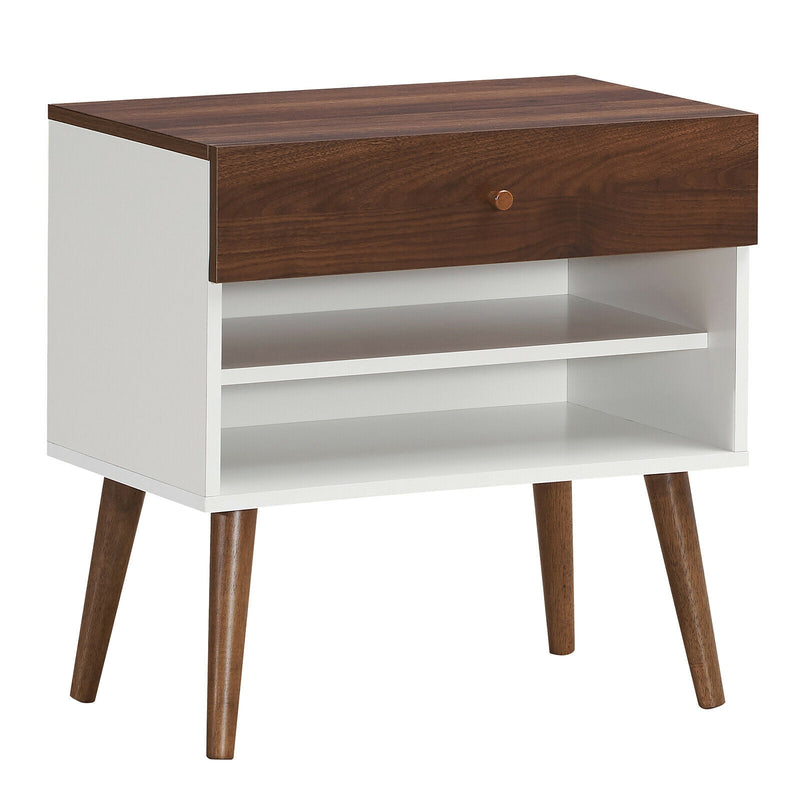 Mid-Century Nightstand with Drawer and Rubber Wood Legs