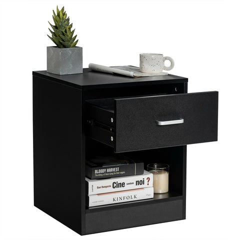 Modern Nightstand with Storage Drawer and Cabinet-Black