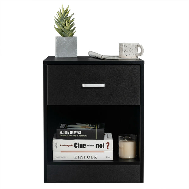 Modern Nightstand with Storage Drawer and Cabinet-Black