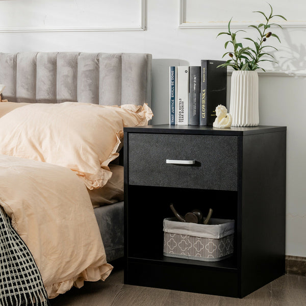 Modern Nightstand with Storage Drawer and Cabinet-Black