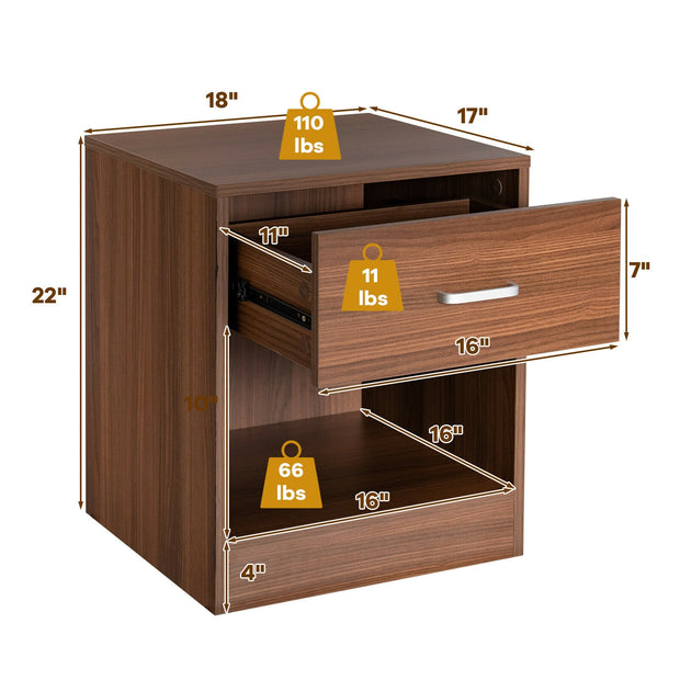 Modern Nightstand with Storage Drawer and Cabinet-Brown