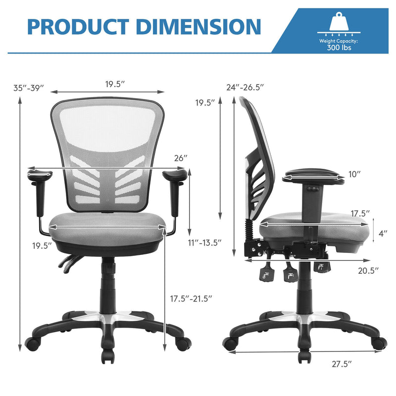 Ergonomic Mesh Office Chair with Adjustable Back Height and Armrests-Gray