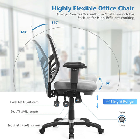 Ergonomic Mesh Office Chair with Adjustable Back Height and Armrests-Gray