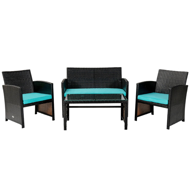 4 Pieces Patio Rattan Cushioned Furniture Set-Turquoise