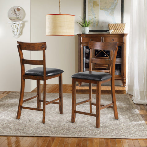 2 Pieces Counter Height Chair Set with Leather Seat and Rubber Wood Legs