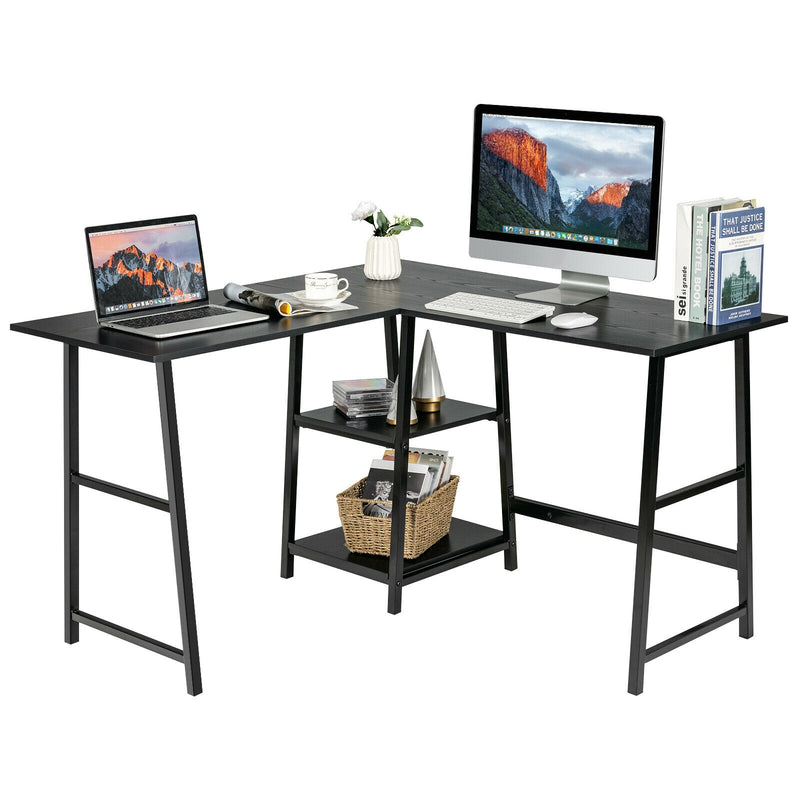 L Shaped Corner Computer Desk with Storage Shelves-Black