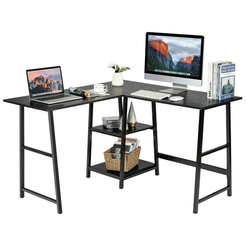 L Shaped Corner Computer Desk with Storage Shelves-Black