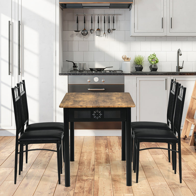 5 Pcs Dining Set Wood Metal Table and 4 Chairs with Cushions-Black