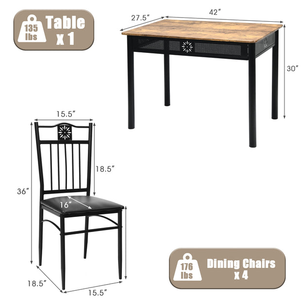 5 Pcs Dining Set Wood Metal Table and 4 Chairs with Cushions-Black