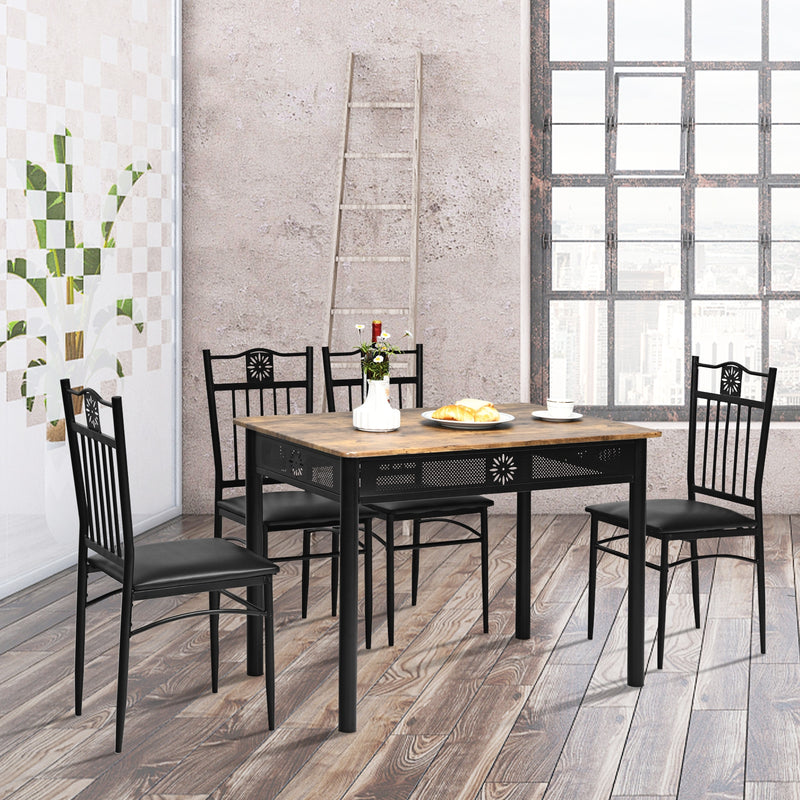 5 Pcs Dining Set Wood Metal Table and 4 Chairs with Cushions-Black