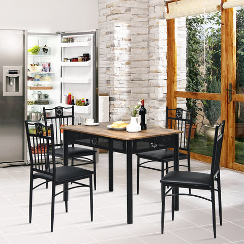 5 Pcs Dining Set Wood Metal Table and 4 Chairs with Cushions-Black