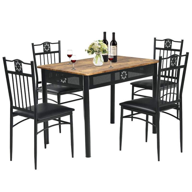 5 Pcs Dining Set Wood Metal Table and 4 Chairs with Cushions-Black