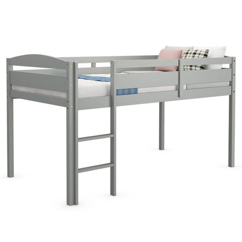 Wooden Twin Low Loft Bunk Bed with Guard Rail and Ladder-Gray
