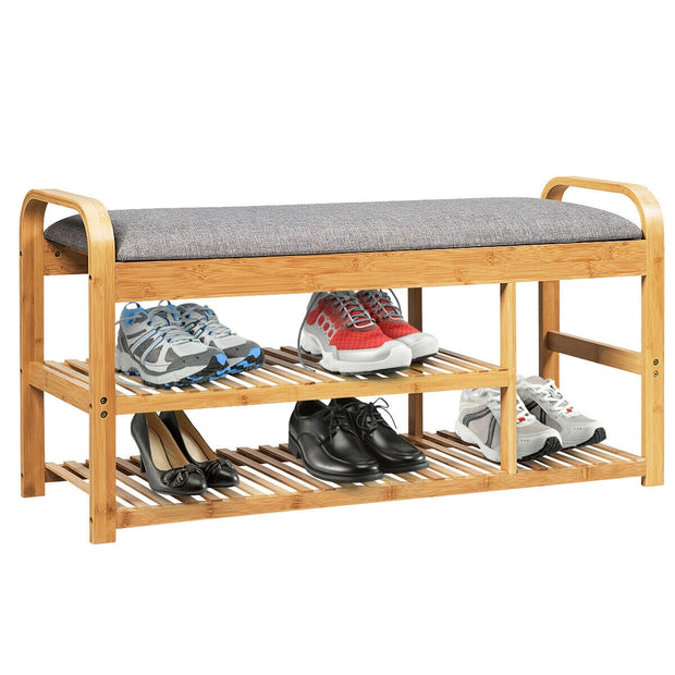 3-Tier Bamboo Shoe Rack Bench with Cushion-Natural