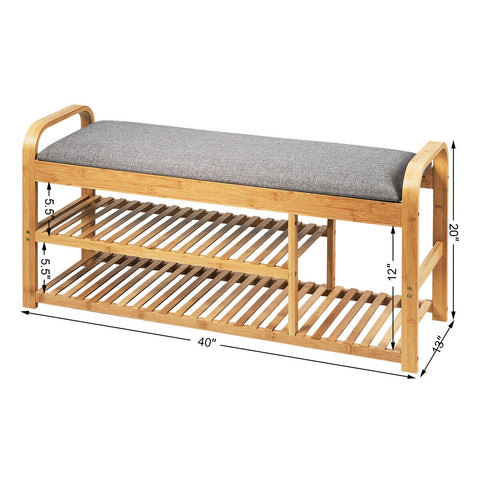 3-Tier Bamboo Shoe Rack Bench with Cushion-Natural