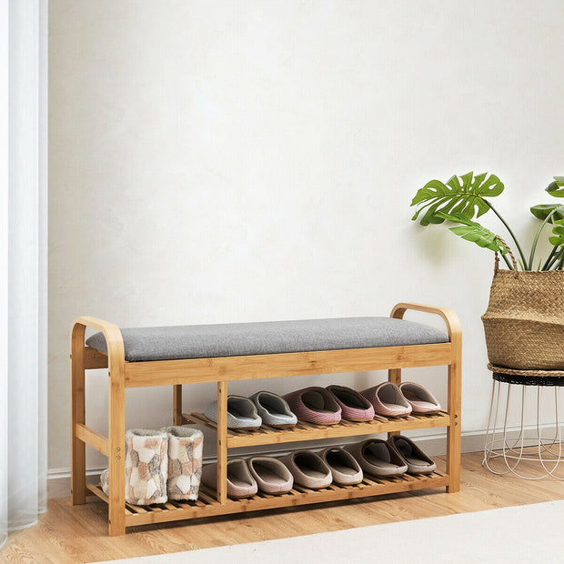 3-Tier Bamboo Shoe Rack Bench with Cushion-Natural