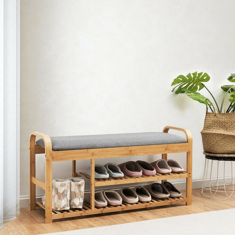 3-Tier Bamboo Shoe Rack Bench with Cushion-Natural