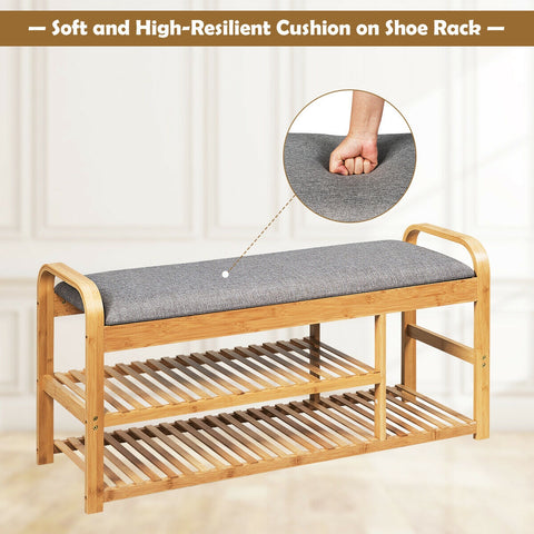 3-Tier Bamboo Shoe Rack Bench with Cushion-Natural