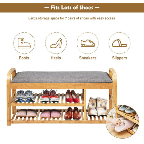 3-Tier Bamboo Shoe Rack Bench with Cushion-Natural