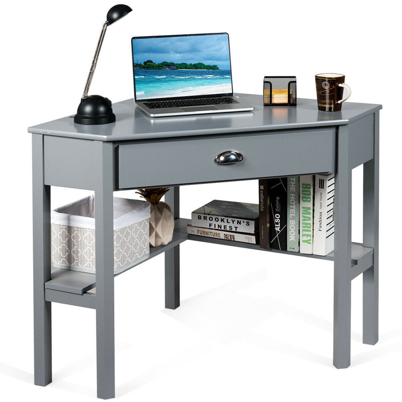 Corner Wooden Piece Laptop Computer Desk-Gray