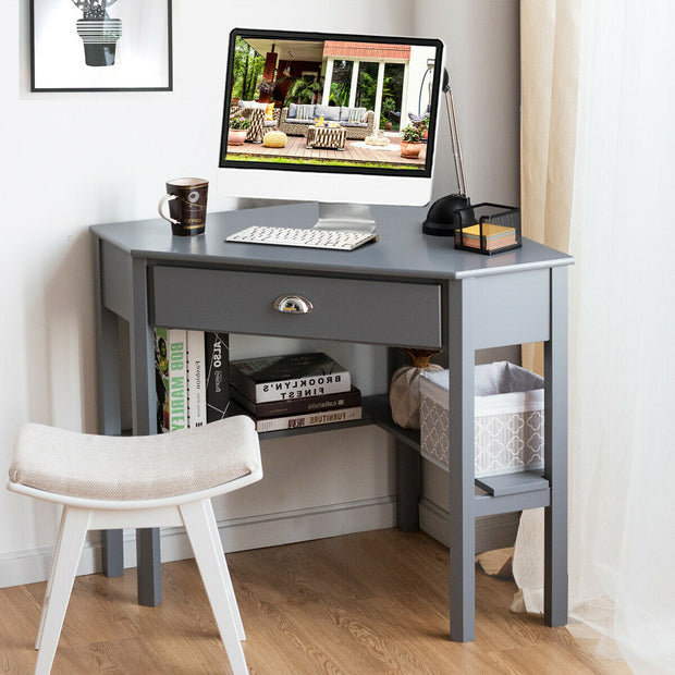 Corner Wooden Piece Laptop Computer Desk-Gray