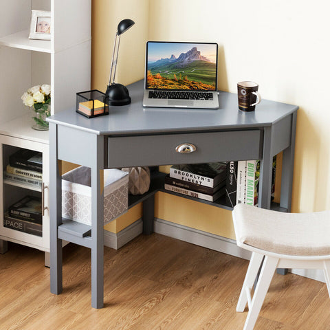 Corner Wooden Piece Laptop Computer Desk-Gray