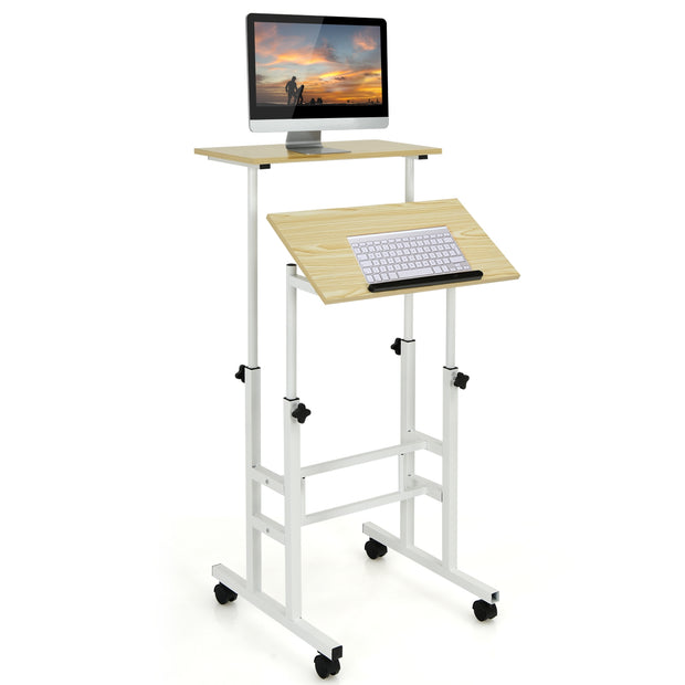 Height Adjustable Mobile Standing Desk with rolling wheels for office and home-Natural