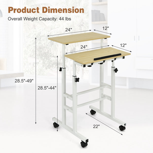 Height Adjustable Mobile Standing Desk with rolling wheels for office and home-Natural