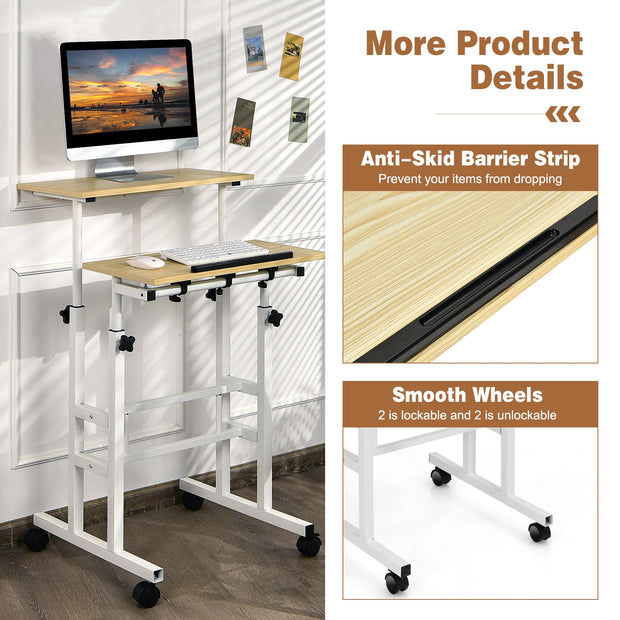 Height Adjustable Mobile Standing Desk with rolling wheels for office and home-Natural