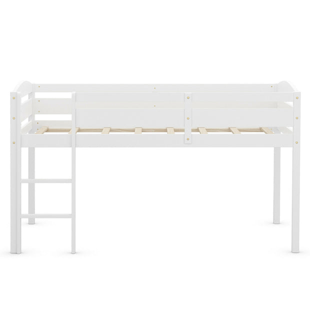 Wooden Twin Low Loft Bunk Bed with Guard Rail and Ladder-White