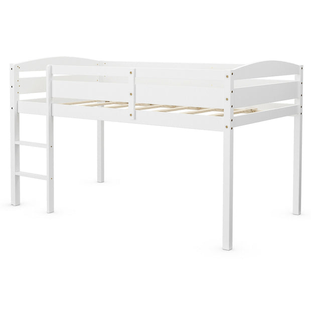 Wooden Twin Low Loft Bunk Bed with Guard Rail and Ladder-White