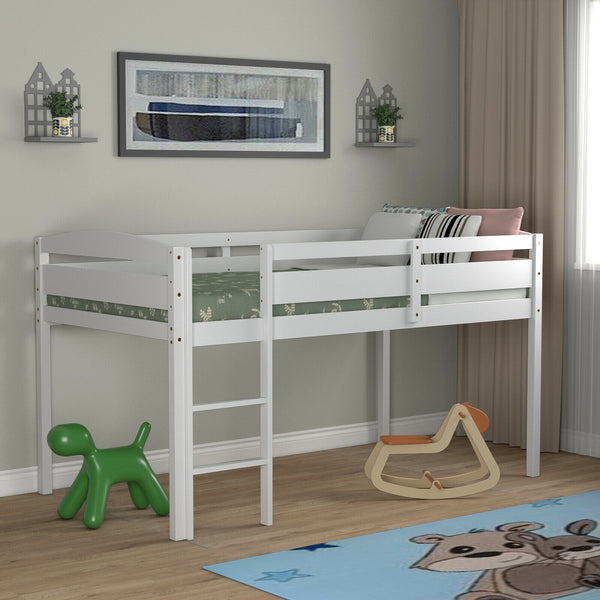 Wooden Twin Low Loft Bunk Bed with Guard Rail and Ladder-White
