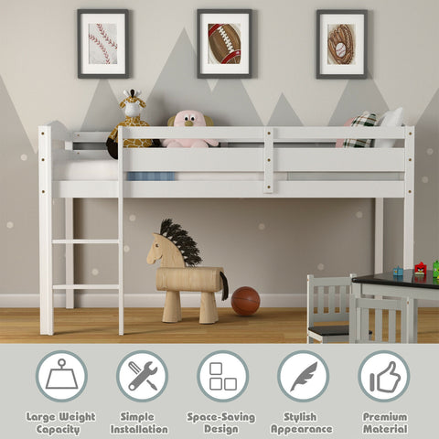 Wooden Twin Low Loft Bunk Bed with Guard Rail and Ladder-White