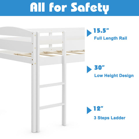 Wooden Twin Low Loft Bunk Bed with Guard Rail and Ladder-White