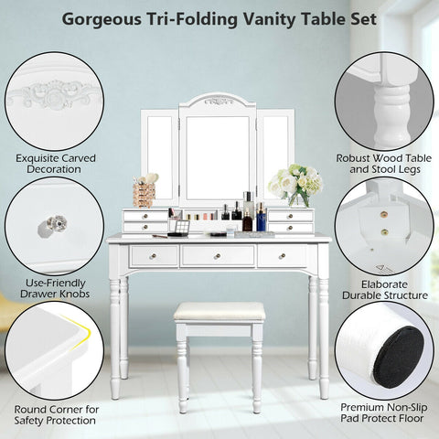 Makeup Dressing Table with Tri-Folding Mirror and Cushioned Stool for Women-White