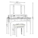 Makeup Dressing Table with Tri-Folding Mirror and Cushioned Stool for Women-White