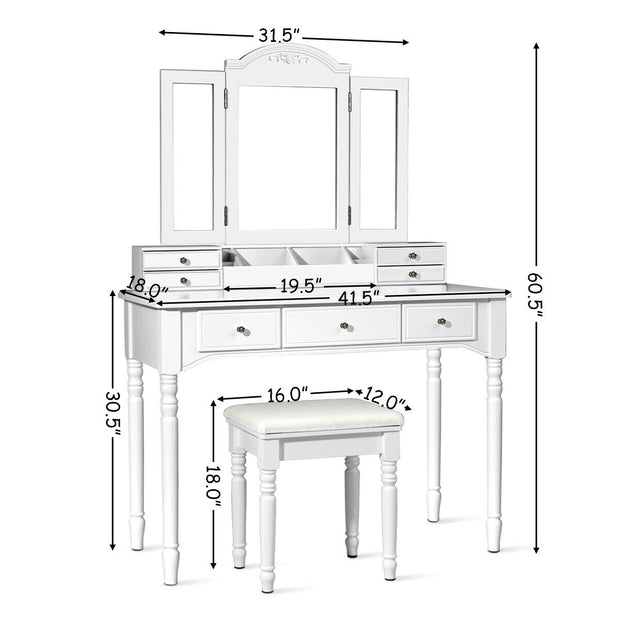 Makeup Dressing Table with Tri-Folding Mirror and Cushioned Stool for Women-White