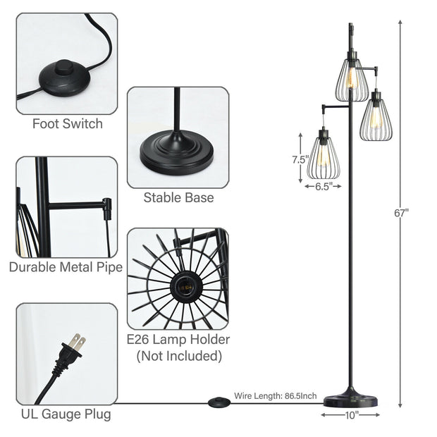 67 Inch Industrial 3-Light Floor Lamp Tree