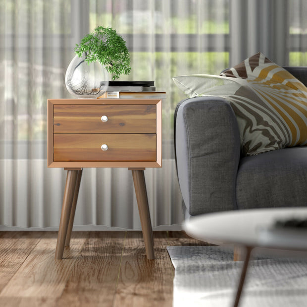 Wooden Nightstand Mid-Century End Side Table with 2 Storage Drawers-Natural