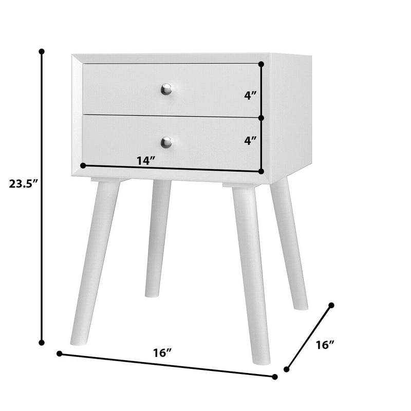 Wooden Nightstand Mid-Century End Side Table with 2 Storage Drawers-White